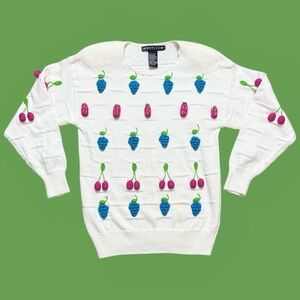 Whimsical 1989 Vintage Sweater 3D Fruit Cherries Grapes Berries Quirky M Medium